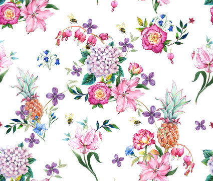 Bright Textile Drawn Feminine Cute Watercolor Botanical Floral Painted Trendy Stylish  Pattern Fabric Wallpaper Tile Seamless with bees roses flowers  bluebells tulips pineapples on white background.