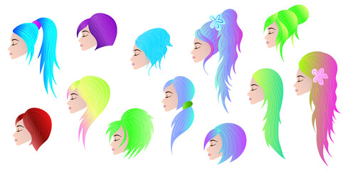 Silhouette avatar beautiful girls with different colorful hairstyles set collection. Vector illustration.	