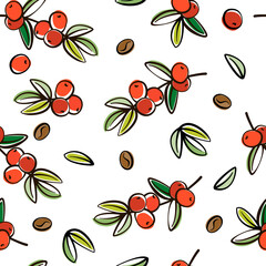 Seamless pattern from coffee tree branches with leaves and grains. Simple black line outline icon with red and colored blots. Natural cafe concept.