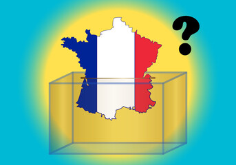 Elecciones en Francia, silueta del mapa de Francia con su bandera a modo de papeleta electoral introduciéndose en la urna y con una interrogación a modo de incertidumbre - obrazy, fototapety, plakaty