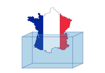 Elecciones en Francia, silueta del mapa de Francia con su bandera a modo de papeleta electoral introduciéndose en la urna - obrazy, fototapety, plakaty