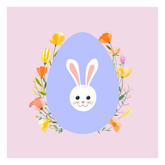 Easter spring greeting card. Easter egg on the background of spring grasses and flowers with the muzzle of a cute Easter bunny.