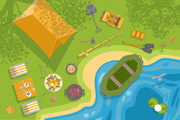 Vector illustration. Camping with a tents  and campfire. Top view. 