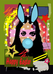 Sexy girl with bunny ears and chewing gum. Happy Easter post card 