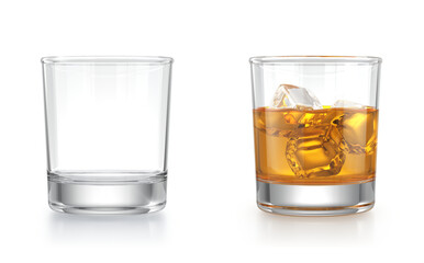 Empty Whiskey glass and Whiskey glass with whiskey and ice cubes isolated on white background - 3d rendering