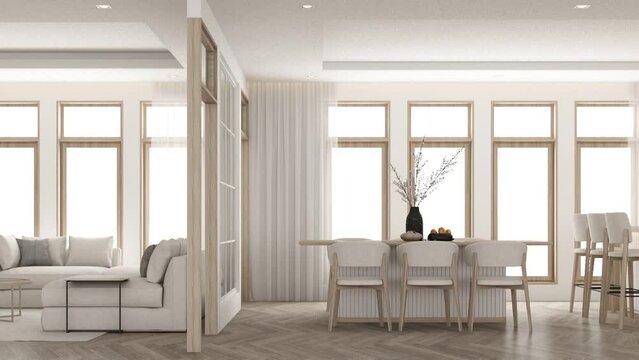 Interior in vintage minimalist style in the living dining bedroom. using wood material and light gray cloth on parquet floor and subframe walkways in apartment with large windows 3d render panorama