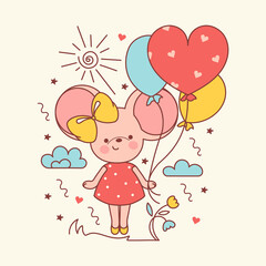 Baby mouse, girl with balloons .Hand drawn doodle vector illustration. Print for t shirt, kids wear fashion design, baby shower invitation card.