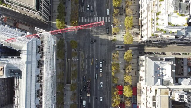 Detailed drone view of a street in the center of Paris.