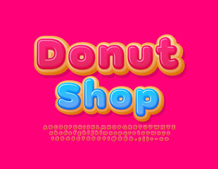 Vector advertising Banner Donut Shop. Tasty pink Font. Sweet Donut Alphabet Letters and Numbers set