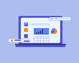 
workspace on a laptop, charts, graphs, correspondence, playlist