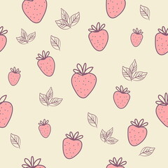 Seamless pattern with strawberry vector drawing, pink background , strawberries and leaves summer fruits