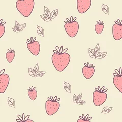 Fotobehang Seamless pattern with strawberry vector drawing, pink background , strawberries and leaves summer fruits © Freesia