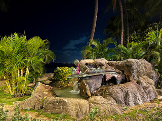 park, natural place, palm trees, statue, creational stone in tropical park