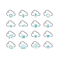 Obraz premium Cloud data storage vector icon set. Upload, download service sharing filled icons.