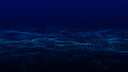 Abstract technology wave of particles. Big data visualization. Background with motion dots. Artificial intelligence.