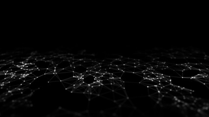 Abstract technology wave of particles. Big data visualization. Background with motion dots. Artificial intelligence.