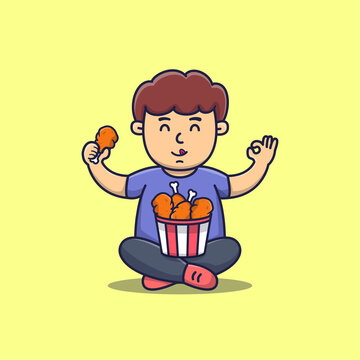 Happy Cute Boy Sit and eat Fried Chicken, Boy eating junk food, flat cartoon style