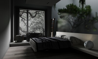 3d black interior of a minimalistic bedroom with plants behind glass and a bathroom near the window with decor. 3d rendering illustration mockup.