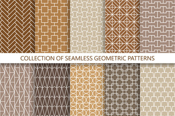 Collection of vector brown seamless geometric ornamental patterns. Grid endless oriental backgrounds. Color repeatable prints
