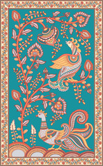 A branch with flowers, peacocks on the branches, a decorative frame with an ornament, turquoise background. Rectangular composition in the Indian folk style of Kalamkari.