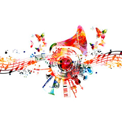 Colorful musical poster with gramophone horn and LP vinyl record vector illustration. Live concert events, music festivals and shows background, party flyer with musical notes and instruments