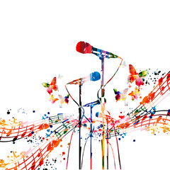 Colorful musical poster with microphones vector illustration. Live concert events, music festivals and shows background, karaoke party flyer with musical notes and microphones