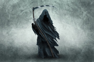 The image of death in black clothes with a scythe in his hands, a black hood. Grim reaper in the fog. Depression, despondency, fear, fright, mysticism. 3D illustration, 3D rendering. - obrazy, fototapety, plakaty