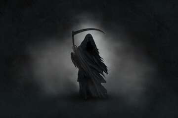 The image of death in black clothes with a scythe in his hands, a black hood. Grim reaper in the fog. Depression, despondency, fear, fright, mysticism. 3D illustration, 3D rendering. - obrazy, fototapety, plakaty