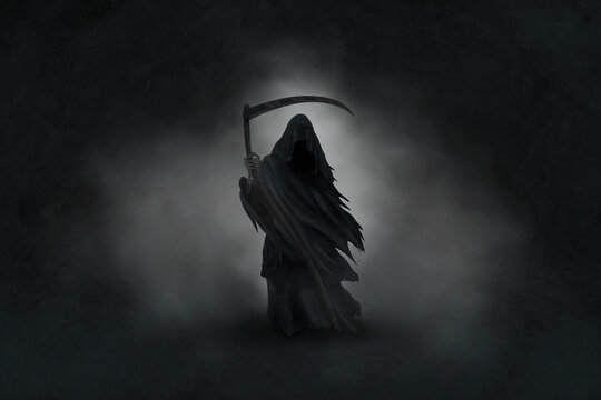 The image of death in black clothes with a scythe in his hands, a black hood. Grim reaper in the fog. Depression, despondency, fear, fright, mysticism. 3D illustration, 3D rendering.