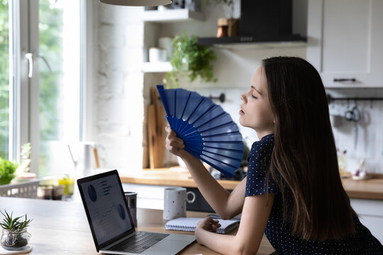 Woman Cools Herself With Waver, Lean At Table With Laptop Distracted From Work Feels Exhausted By Intense Heat In Summer Hot Day Inside Kitchen Without Climate Control, Need Air Conditioner Concept