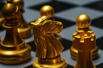 Chess board game. The figure of a knight on the board.