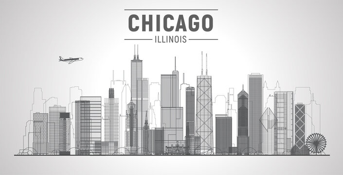 Chicago skyline on a white background. Flat vector illustration. Business travel and tourism concept with modern buildings. Image for banner or web site.