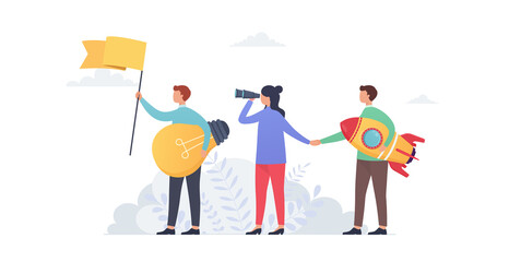 Business vision, goal and success, organization and product launch. Business people with flag, rocket and binoculars. Concept of strategic business planning.