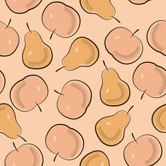 Seamless pattern of apples and pears on a pink background for textile. Fruity pattern of pink and yellow elements on a pink background for wallpaper.