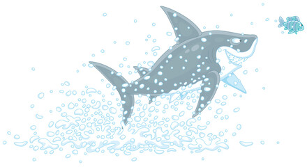 Funny great white shark and a small striped fish in splashes jumping out of water in a tropical sea, vector cartoon illustration isolated on a white background