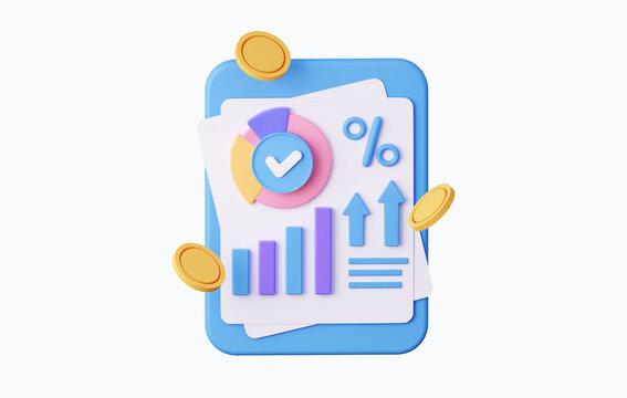 3d graphical analysis with finances on a sheet. Financial report on Marketing and Investment with gold coins. 3D rendering isolated on white background