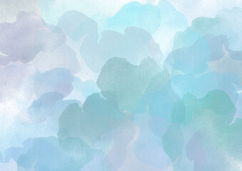 Fototapeta na wymiar Clouds on winter sky. Watercolor abstract Background. Blue, gray and turquoise colorful blobs. Abstract blurred Watercolor blots and splashes. Multicolor winter sky