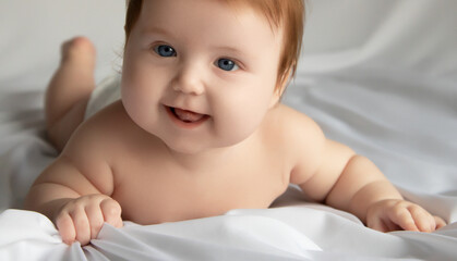 Just beautiful. Cute smiling baby. Cute 3 month old Baby girl infant on a bed on her belly with head up looking with her big eyes. Natural bedroom light. Infant baby. Healthy and medical concept