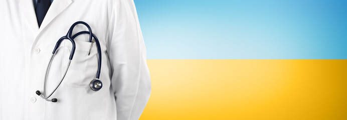 Ukraine medical protection aid concept, close-up of doctor with stethoscope. Isolated on yellow and...