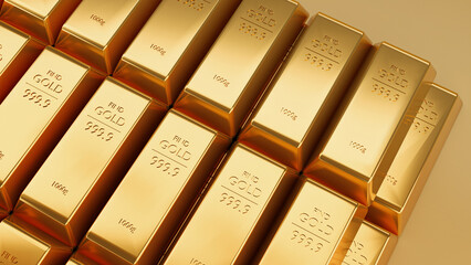 Gold Bars stack on yellow Background 3D rendering