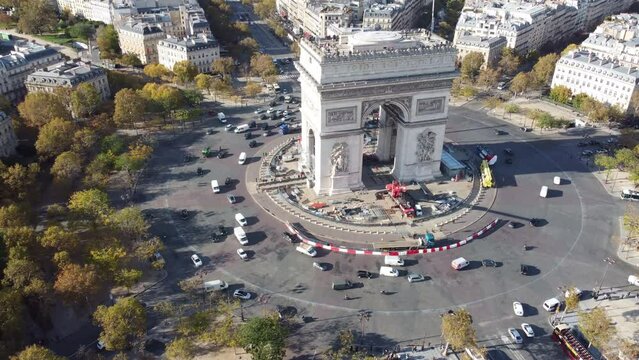 Drone view of Place Charles de Gaulle with the Arc de Triomphe.