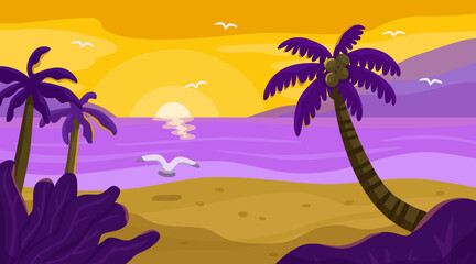 Fototapeta na wymiar Summer beach landscape vector illustration. Flat tropical marine background with palm trees, seagulls sunset and ocean. Warm evening at sea, yellow sky and seascape, sea scene