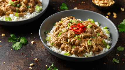 Thai style peanut pork with bean sprouts and rice. Asian food