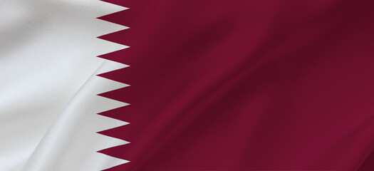 Qatar flag on waving silk background. Fabric texture design. National symbol of Qatar.