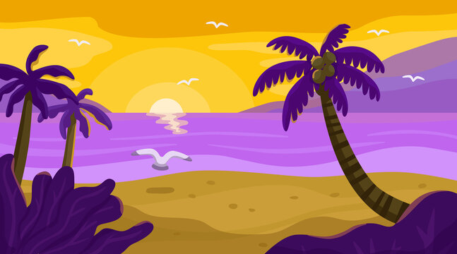 Summer beach landscape vector illustration. Flat tropical marine background with palm trees, seagulls sunset and ocean. Warm evening at sea, yellow sky and seascape, sea scene