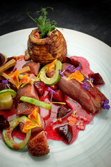 duck breast with Brunust cheese, apple and caramelized beets