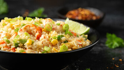 Prawn fried rice with eggs and vegetables in black bowl. Healthy asian food.