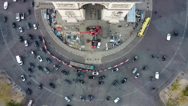 Drone footage 4k. Restoration work on the Arc de Triomphe.