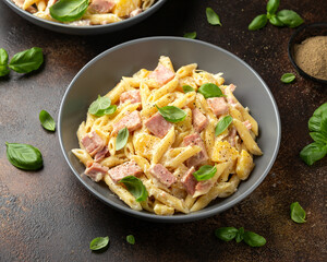 Hawaiian pasta with ham, pineapple and creamy cheese.