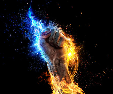 Mans power fist in the blue and yellow fire. Ukrainian power. Hand of the war.